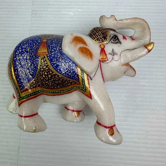 VTG White Marble Trunk Up Stone Hand Painted Elephant StatueHome Decor Gift